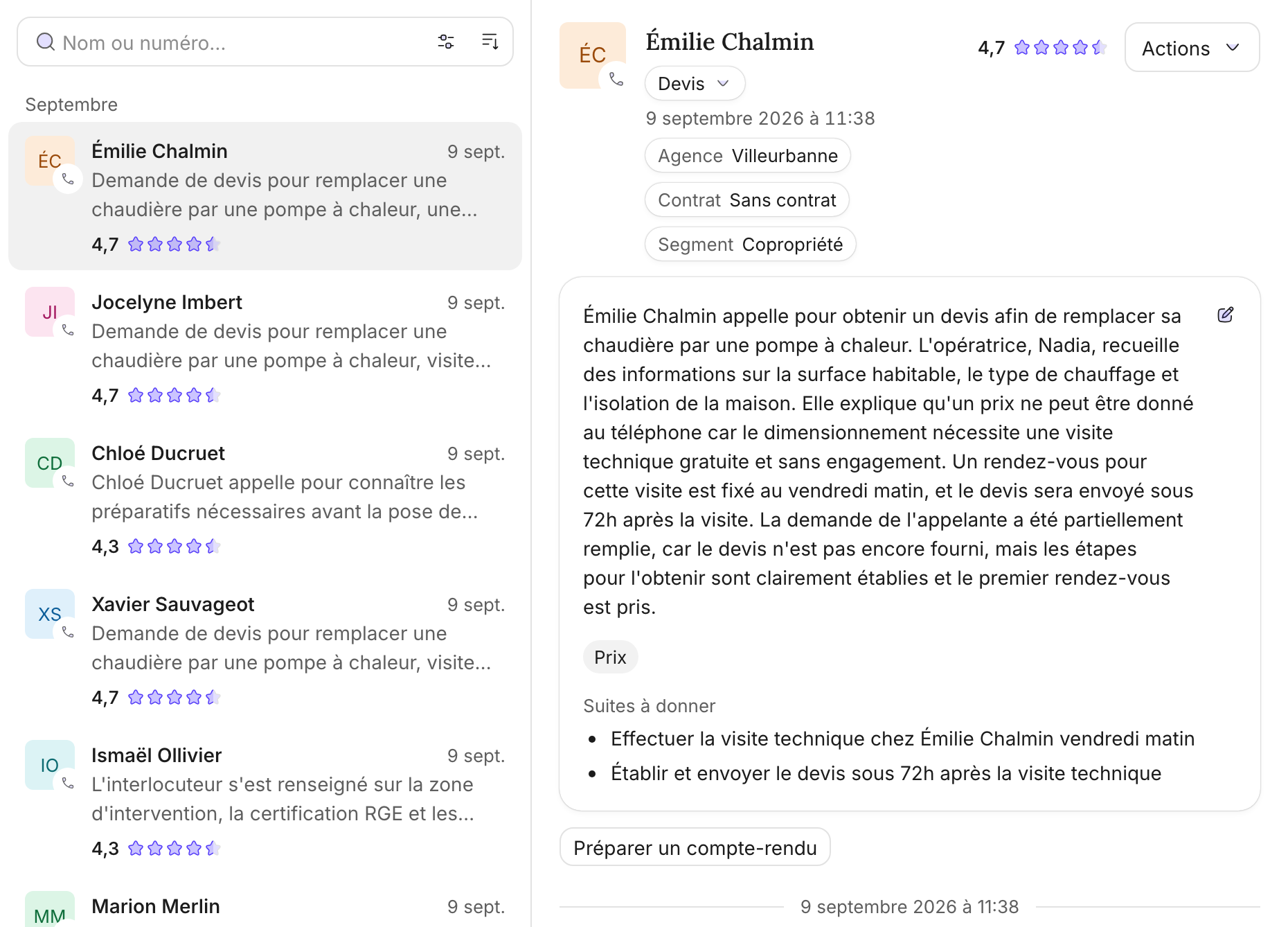 Natalia Analytics console: analysed call list, call summary and score per criterion