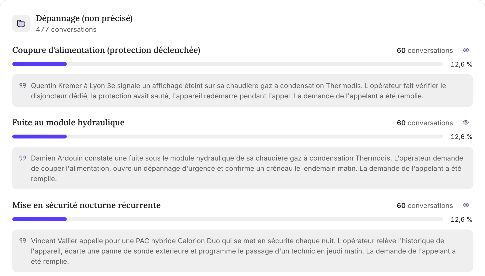 Summaries screen: call reasons within a category, with an example and a recommended action