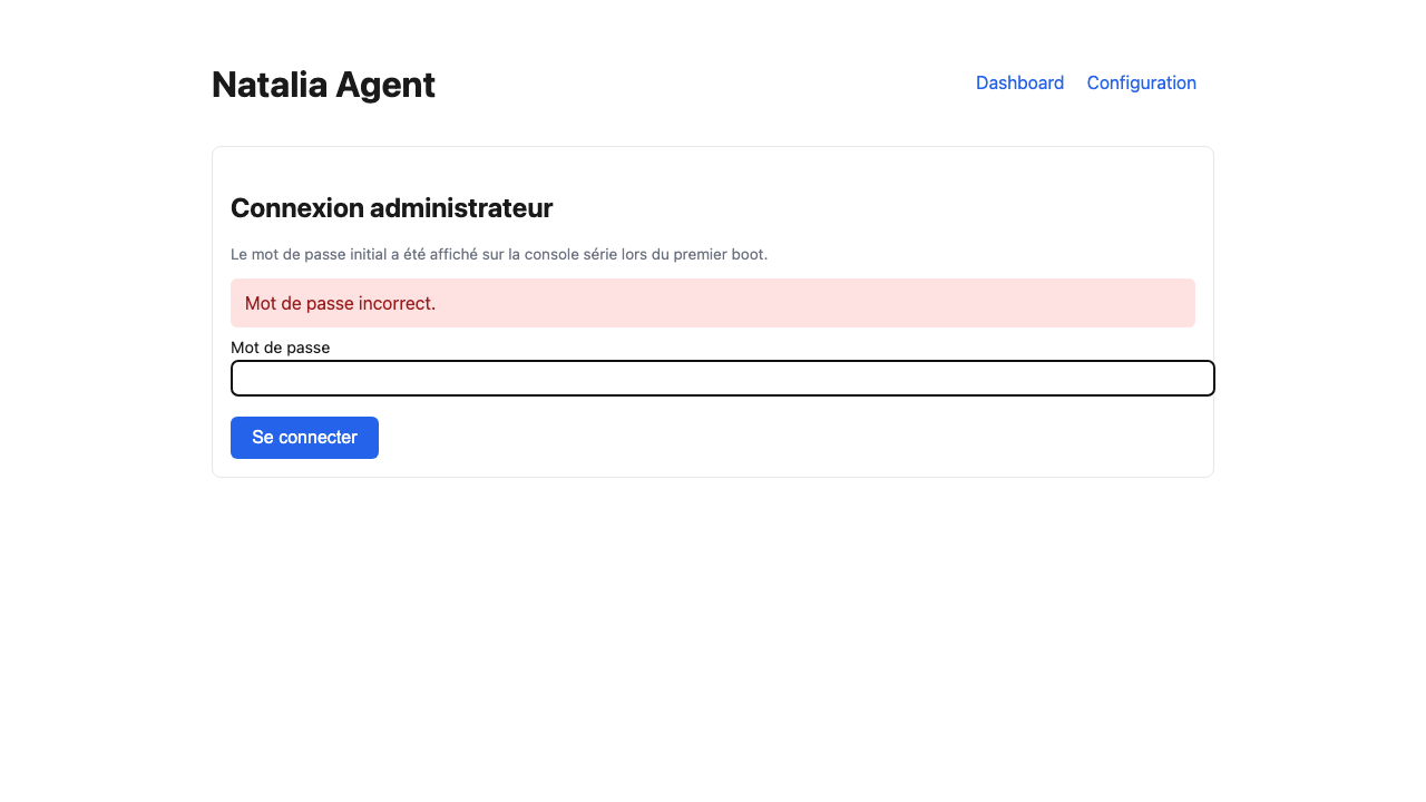 Administrator login screen showing an incorrect-password error message