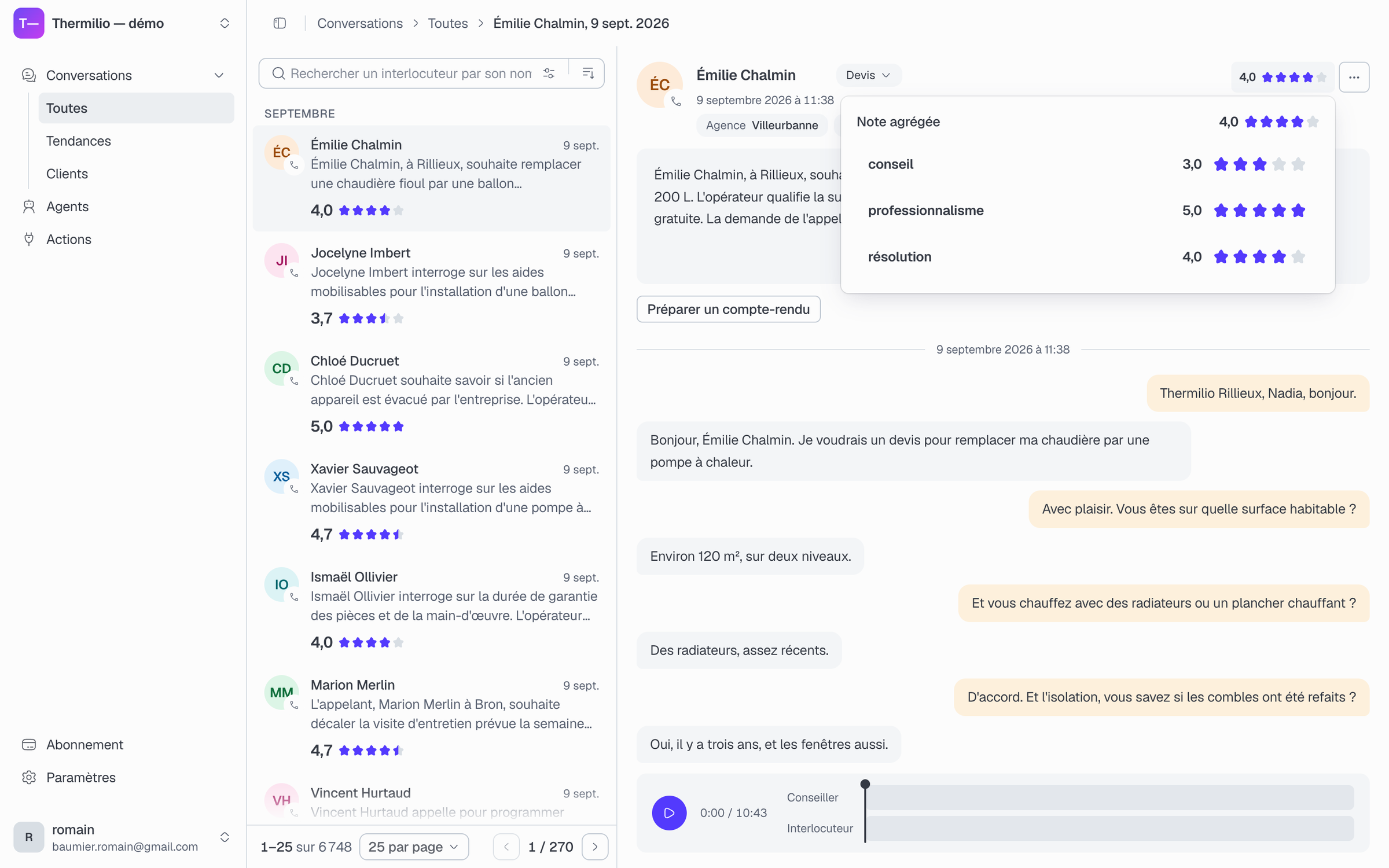 Console Natalia Analyse : liste des appels analysés, résumé de l'appel et score par critère