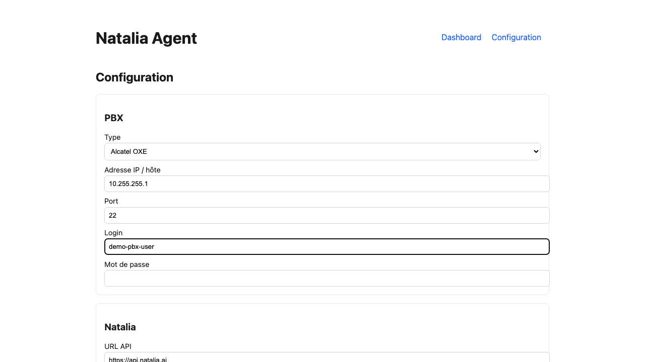 Formulaire de configuration Alcatel OXE dans l'interface web de l'agent Natalia Analyse